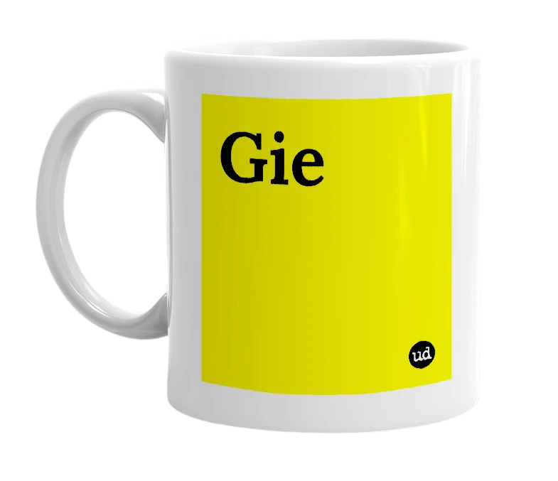 White mug with 'Gie' in bold black letters