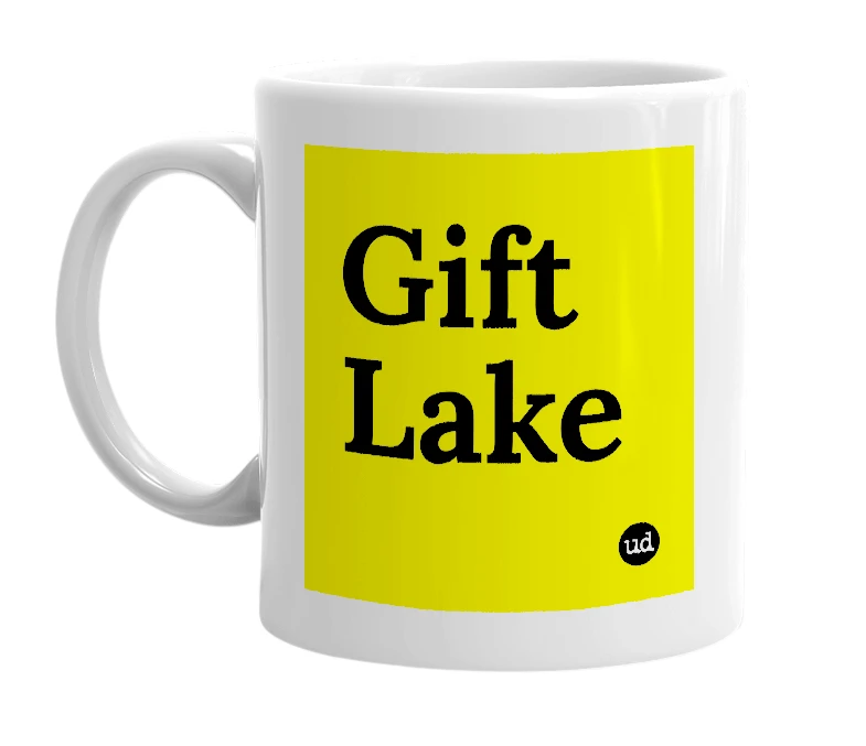 White mug with 'Gift Lake' in bold black letters