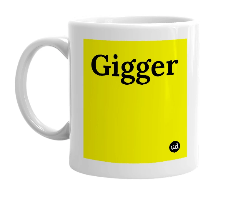 White mug with 'Gigger' in bold black letters