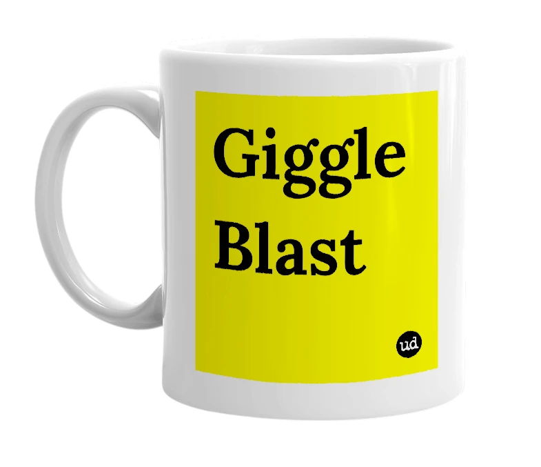 White mug with 'Giggle Blast' in bold black letters