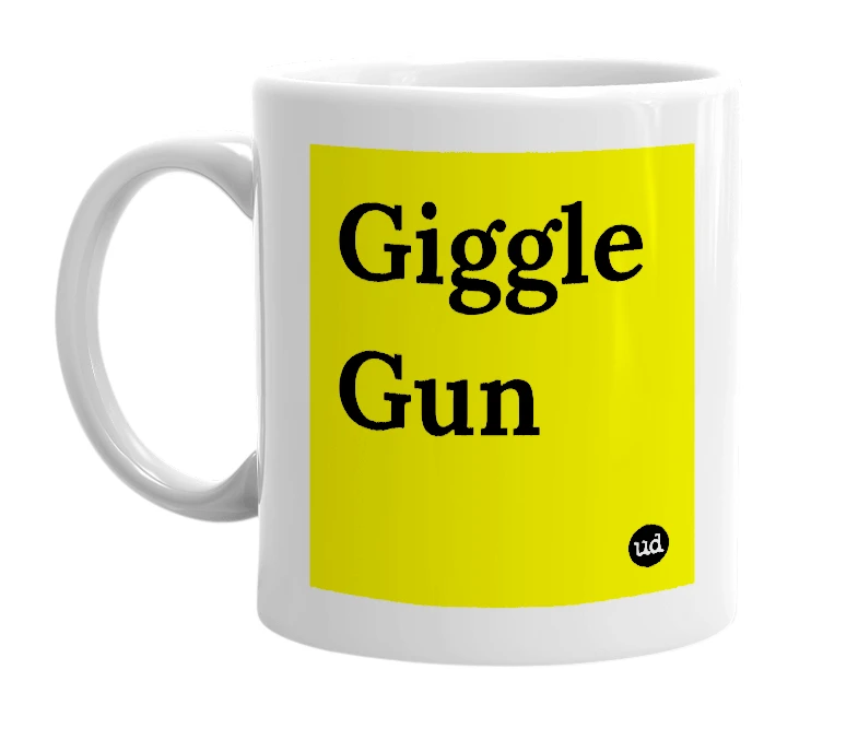 White mug with 'Giggle Gun' in bold black letters