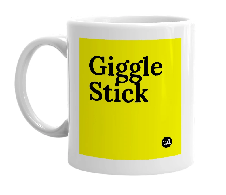 White mug with 'Giggle Stick' in bold black letters