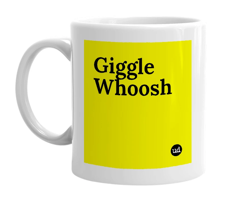 White mug with 'Giggle Whoosh' in bold black letters