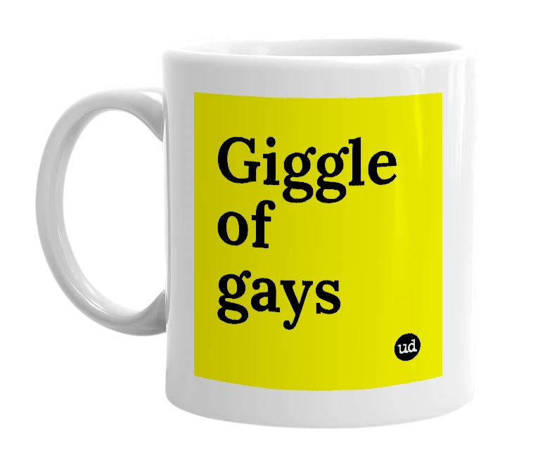 White mug with 'Giggle of gays' in bold black letters