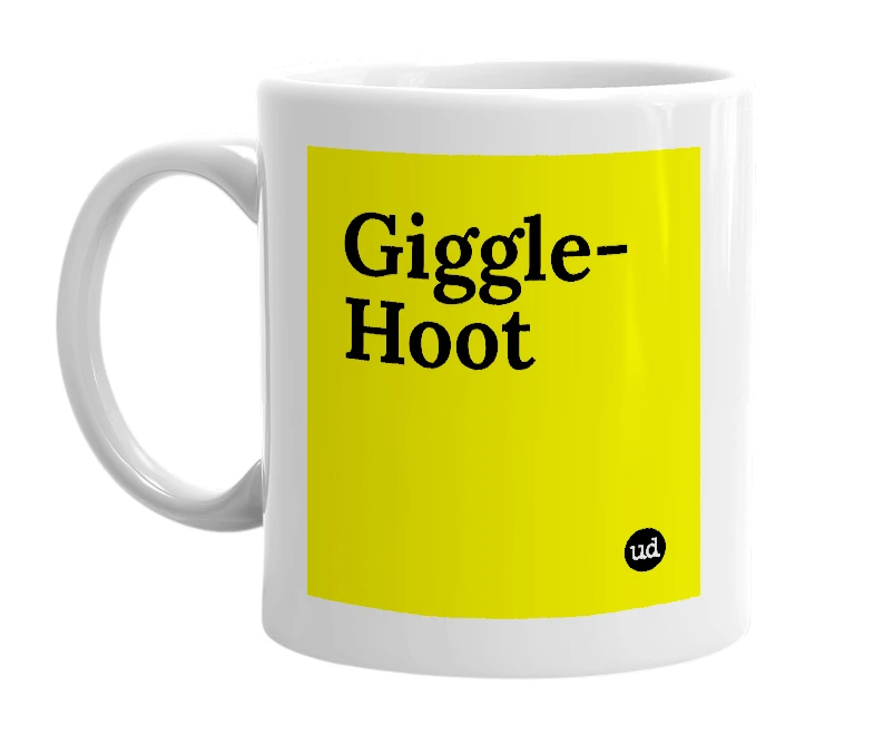 White mug with 'Giggle-Hoot' in bold black letters