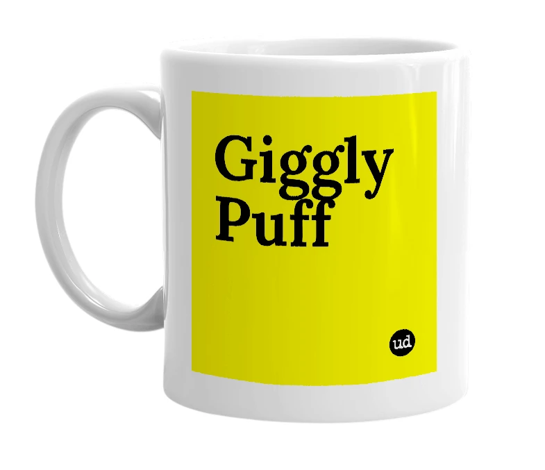 White mug with 'Giggly Puff' in bold black letters