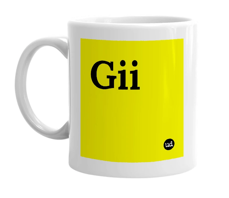 White mug with 'Gii' in bold black letters