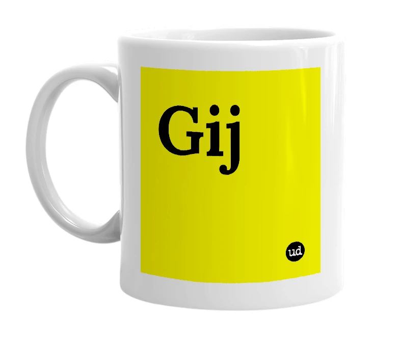 White mug with 'Gij' in bold black letters