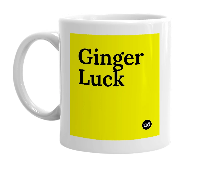 White mug with 'Ginger Luck' in bold black letters