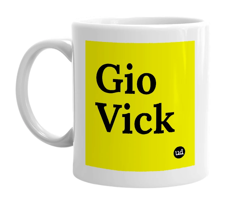 White mug with 'Gio Vick' in bold black letters