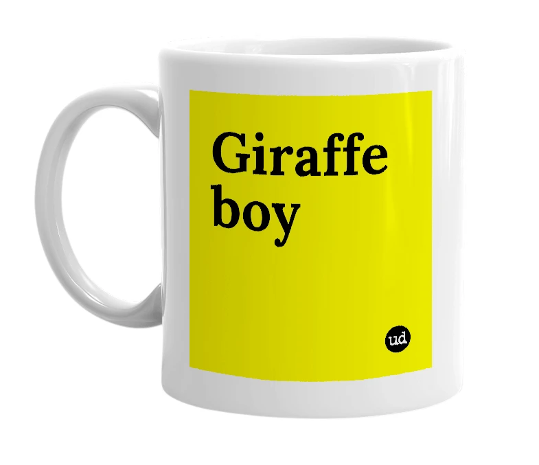 White mug with 'Giraffe boy' in bold black letters