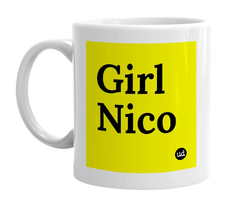 White mug with 'Girl Nico' in bold black letters