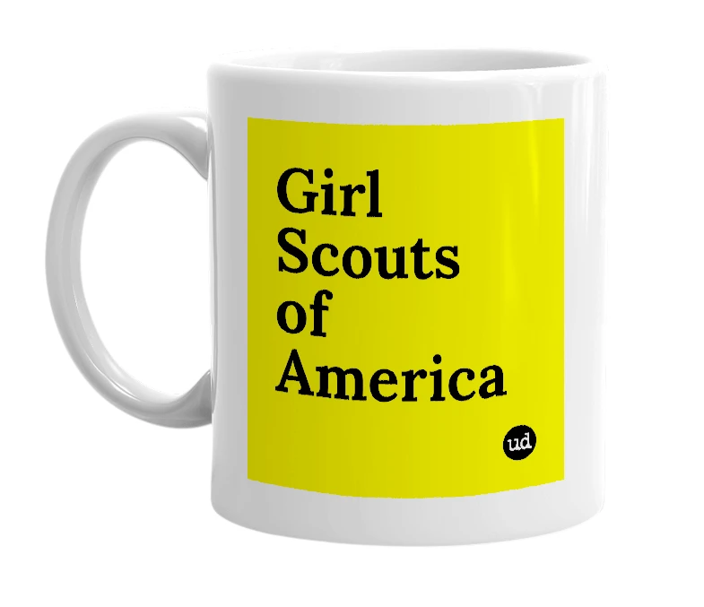 White mug with 'Girl Scouts of America' in bold black letters