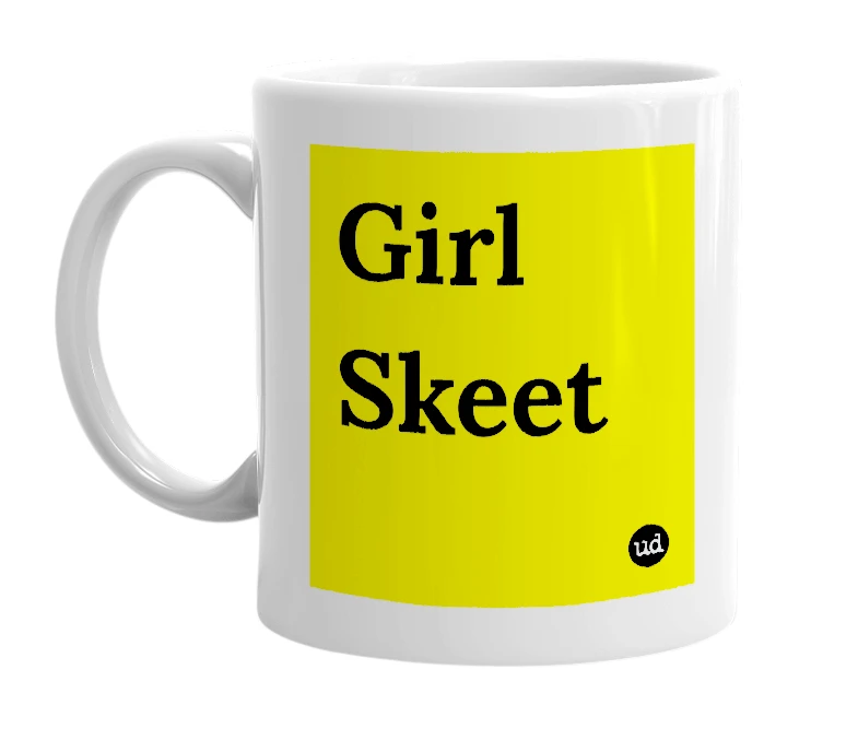 White mug with 'Girl Skeet' in bold black letters