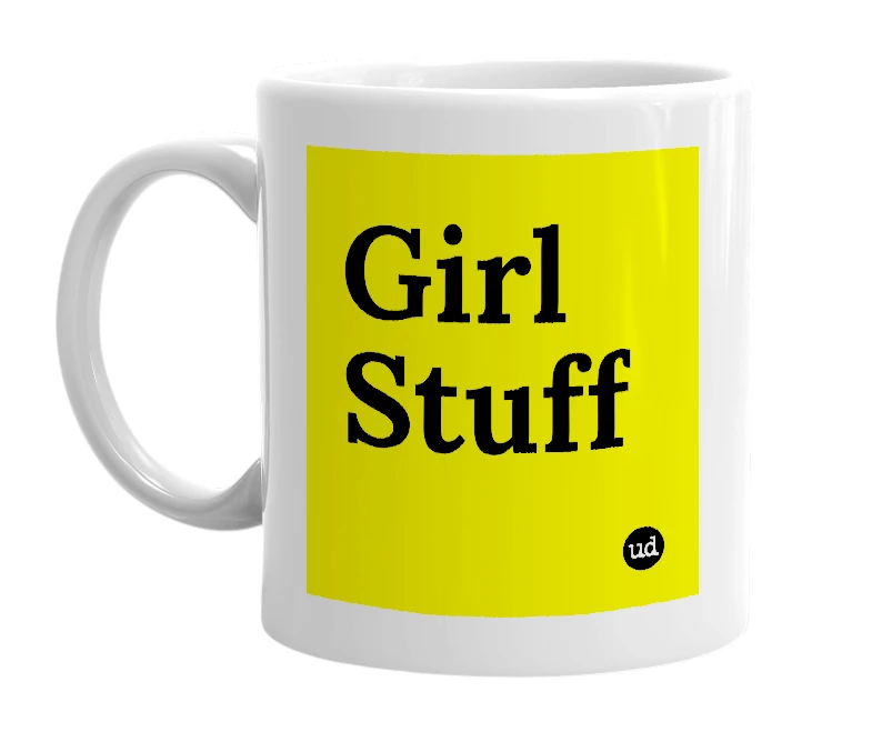 White mug with 'Girl Stuff' in bold black letters