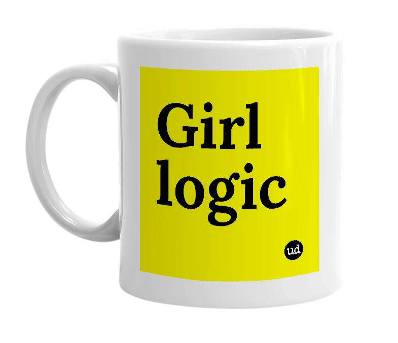 White mug with 'Girl logic' in bold black letters
