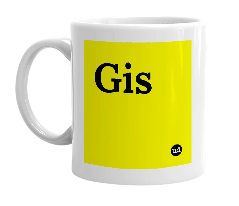 White mug with 'Gis' in bold black letters