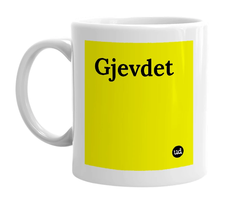 White mug with 'Gjevdet' in bold black letters