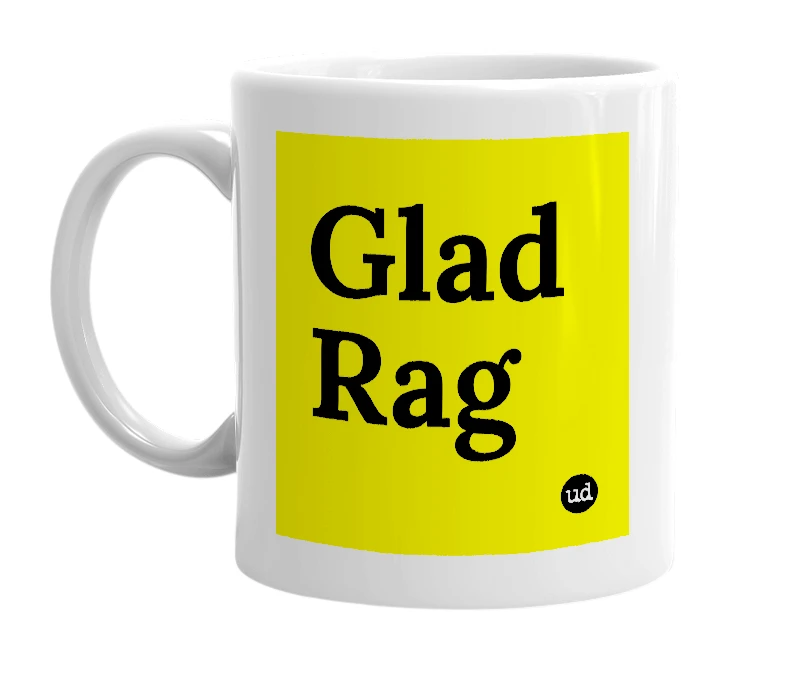 White mug with 'Glad Rag' in bold black letters