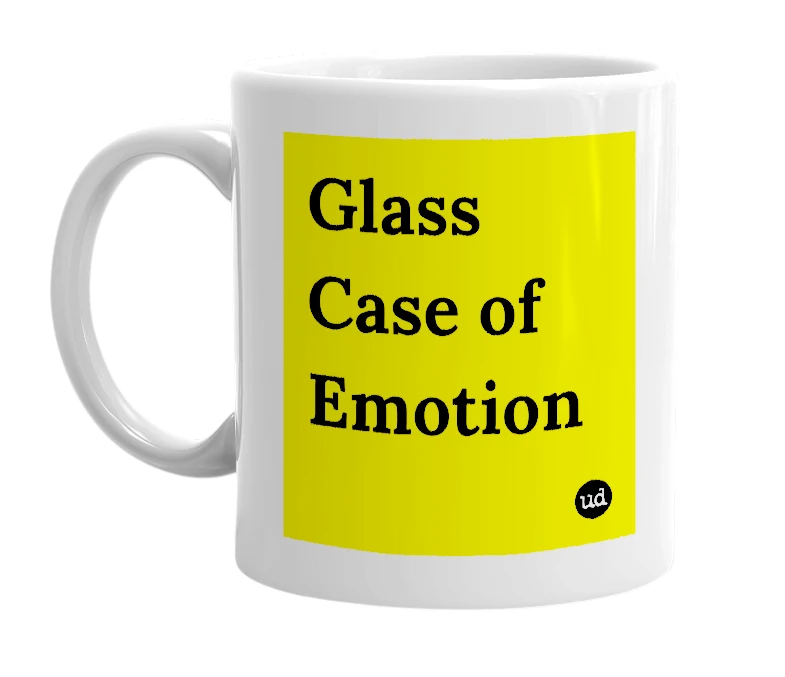 White mug with 'Glass Case of Emotion' in bold black letters
