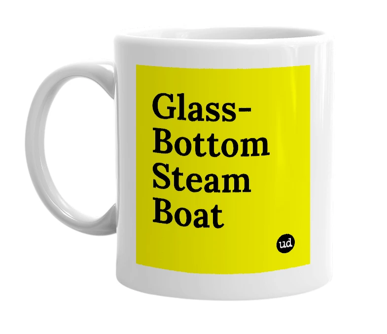 White mug with 'Glass-Bottom Steam Boat' in bold black letters