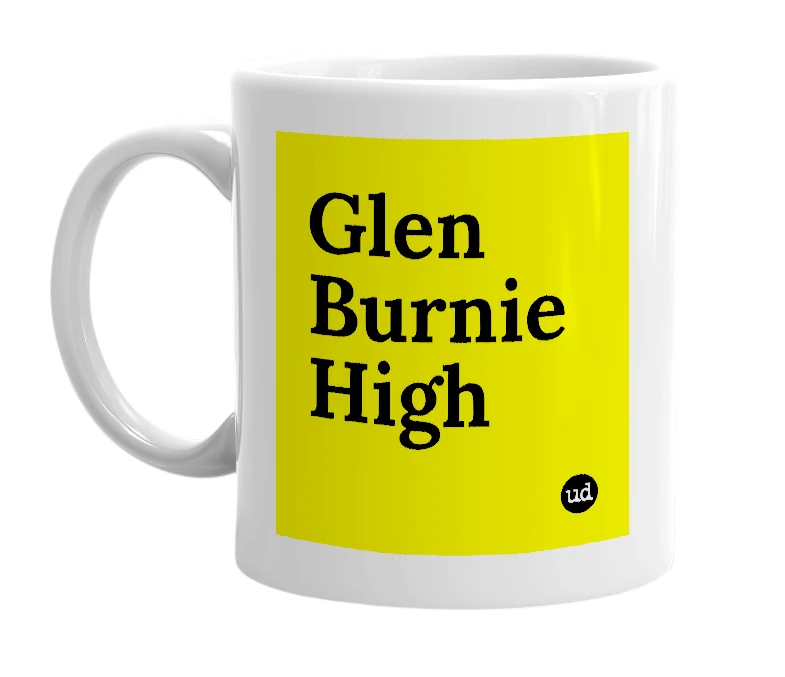 White mug with 'Glen Burnie High' in bold black letters