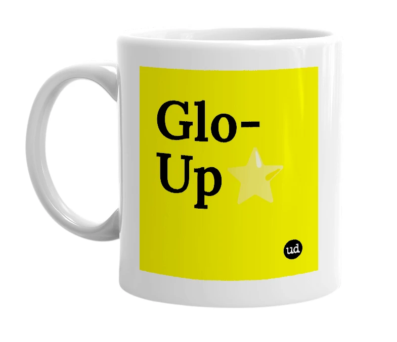 White mug with 'Glo-Up⭐️' in bold black letters