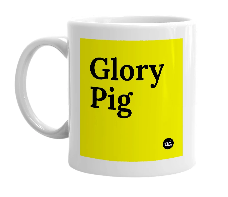 White mug with 'Glory Pig' in bold black letters