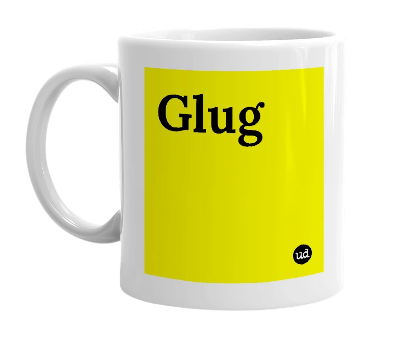 White mug with 'Glug' in bold black letters