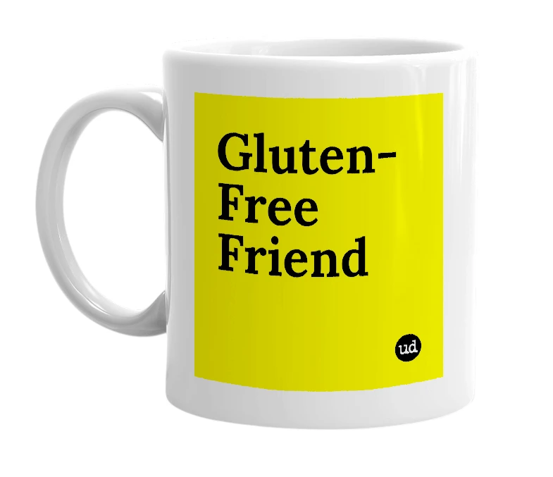 White mug with 'Gluten-Free Friend' in bold black letters