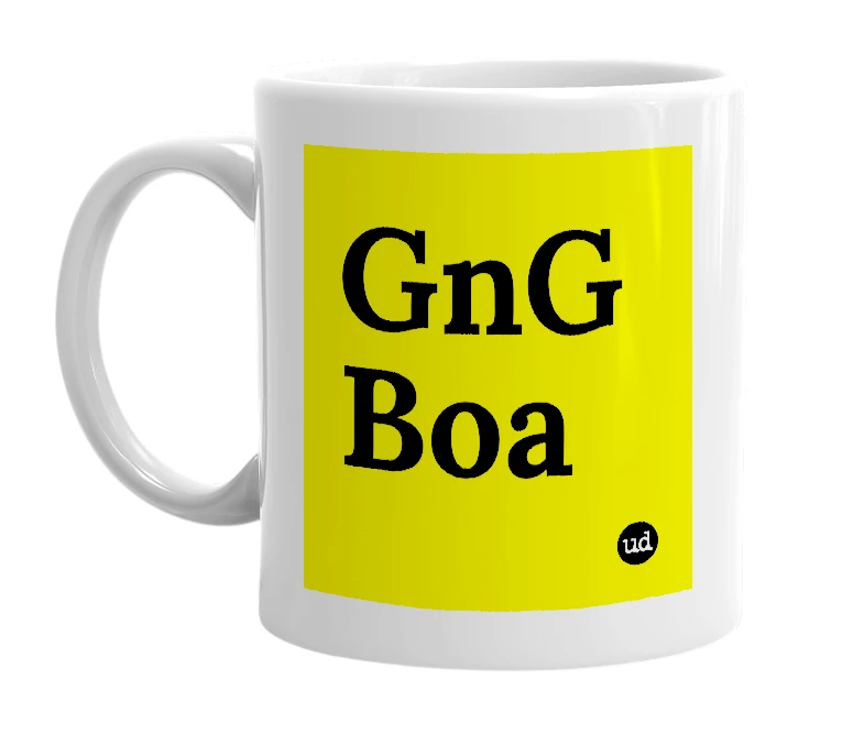 White mug with 'GnG Boa' in bold black letters