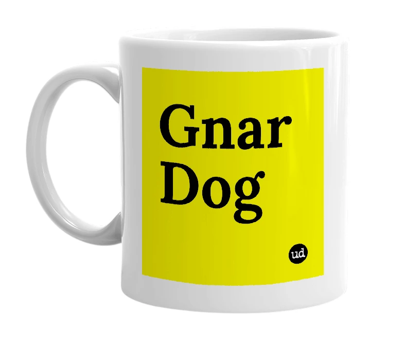 White mug with 'Gnar Dog' in bold black letters