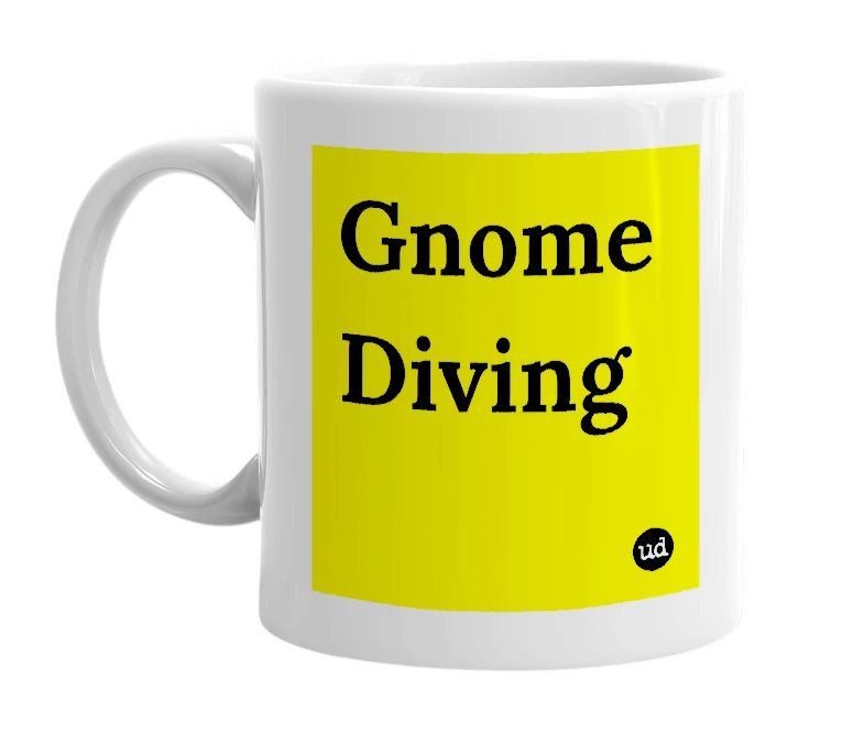 White mug with 'Gnome Diving' in bold black letters