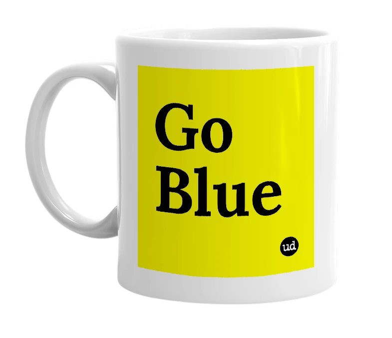 White mug with 'Go Blue' in bold black letters