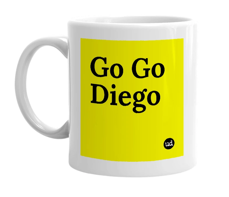White mug with 'Go Go Diego' in bold black letters