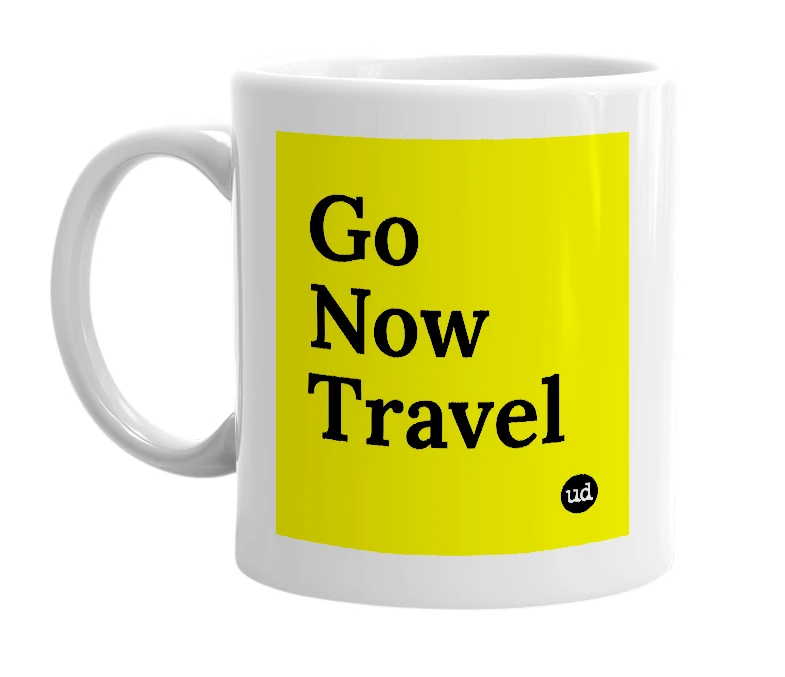 White mug with 'Go Now Travel' in bold black letters