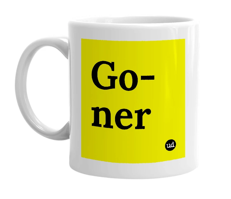 White mug with 'Go-ner' in bold black letters