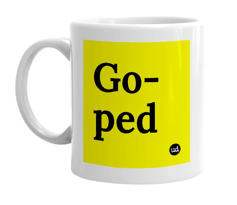 White mug with 'Go-ped' in bold black letters