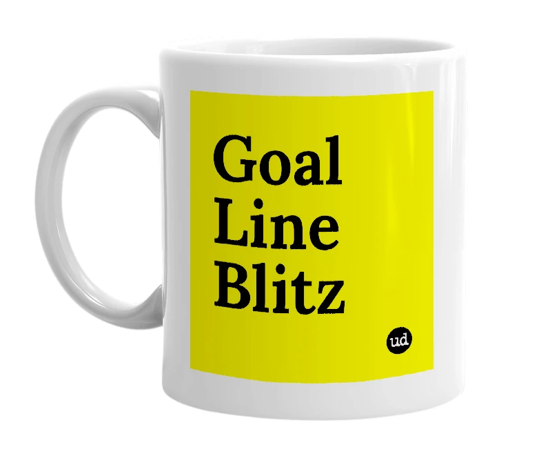 White mug with 'Goal Line Blitz' in bold black letters