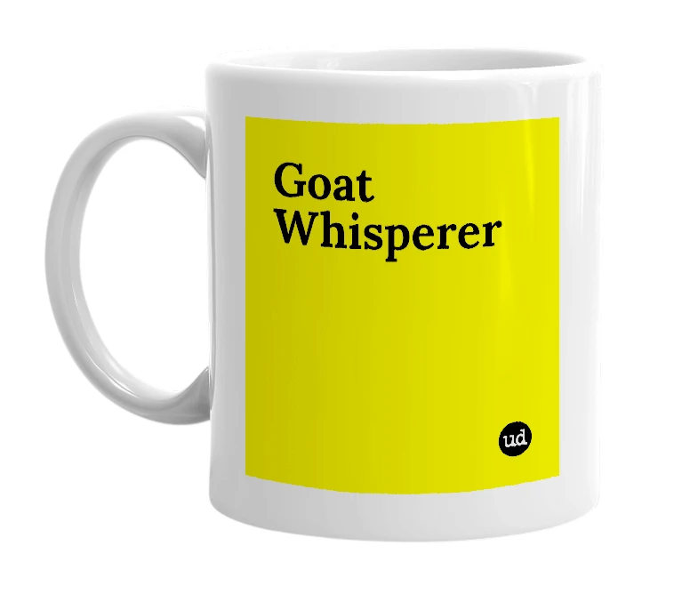 White mug with 'Goat Whisperer' in bold black letters