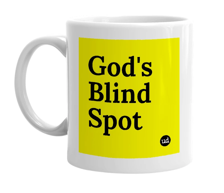 White mug with 'God's Blind Spot' in bold black letters