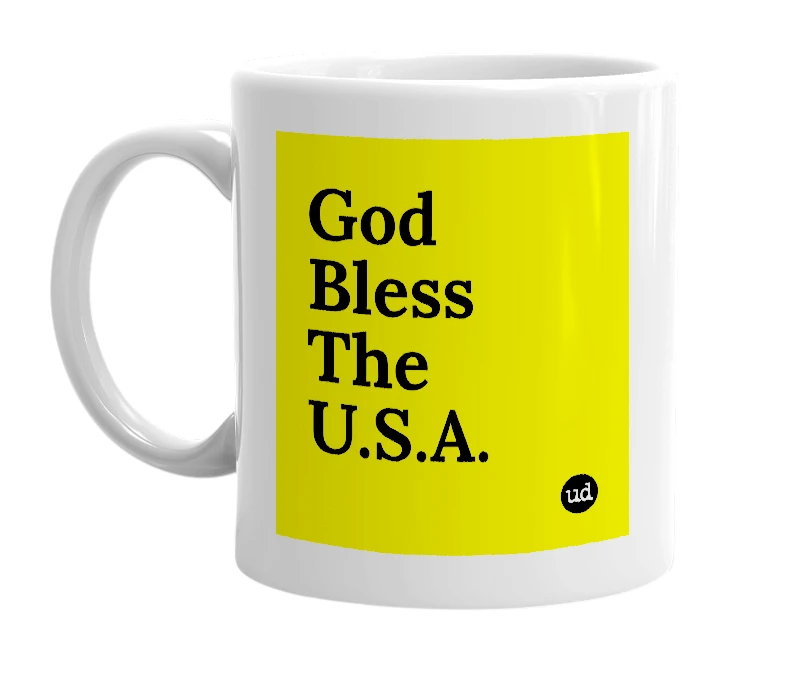 White mug with 'God Bless The U.S.A.' in bold black letters