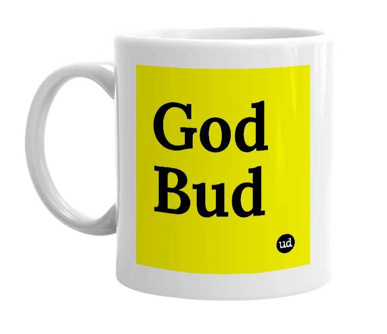 White mug with 'God Bud' in bold black letters