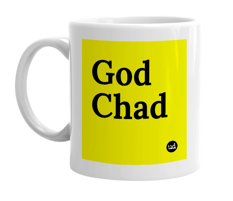 White mug with 'God Chad' in bold black letters
