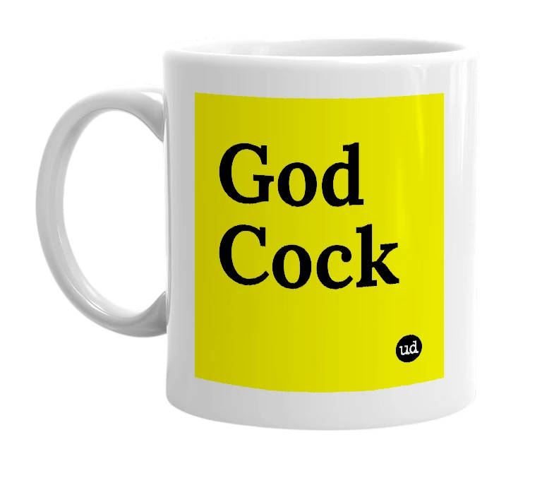 White mug with 'God Cock' in bold black letters