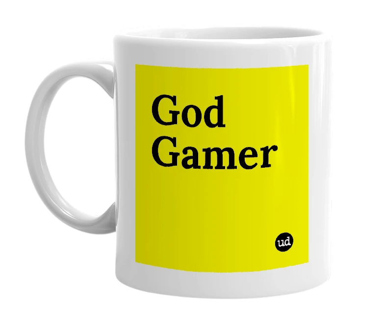 White mug with 'God Gamer' in bold black letters