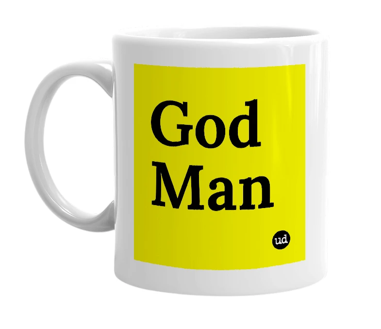 White mug with 'God Man' in bold black letters