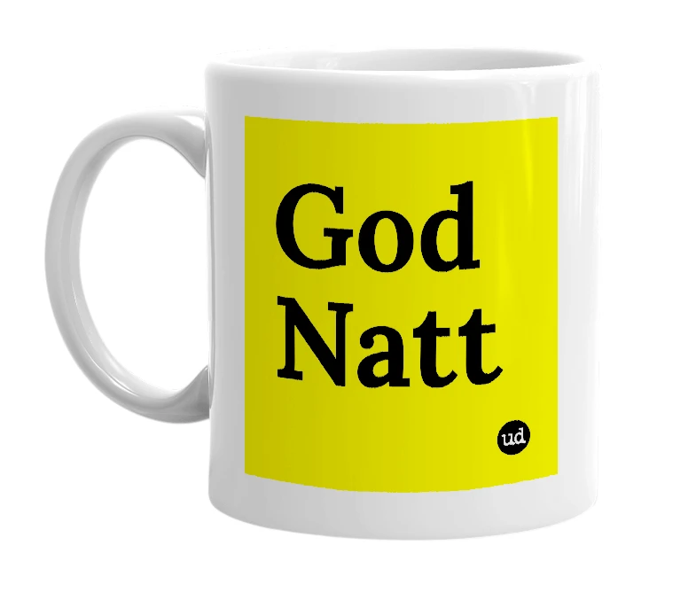 White mug with 'God Natt' in bold black letters