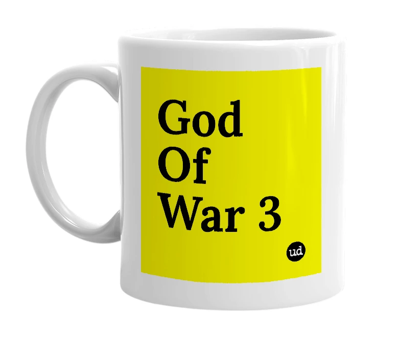 White mug with 'God Of War 3' in bold black letters