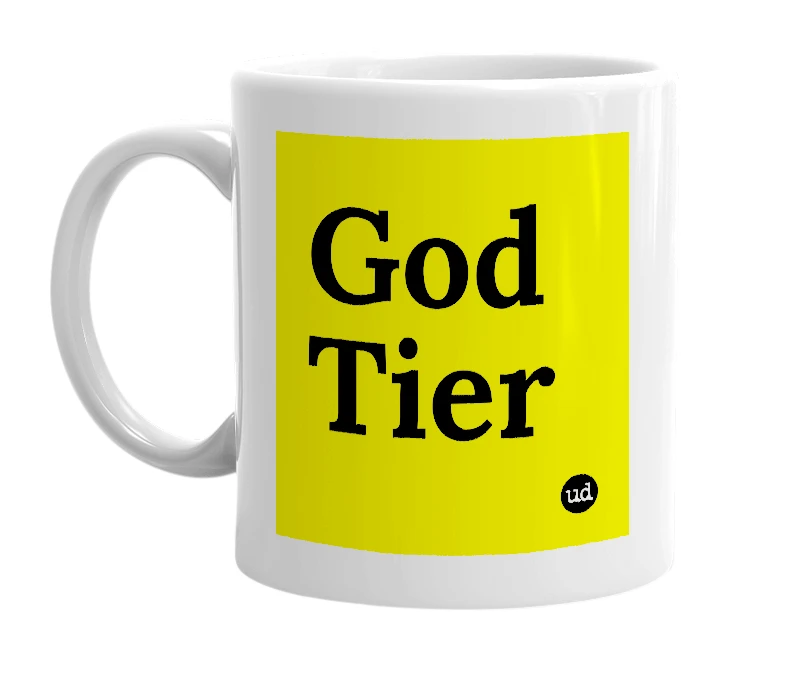White mug with 'God Tier' in bold black letters